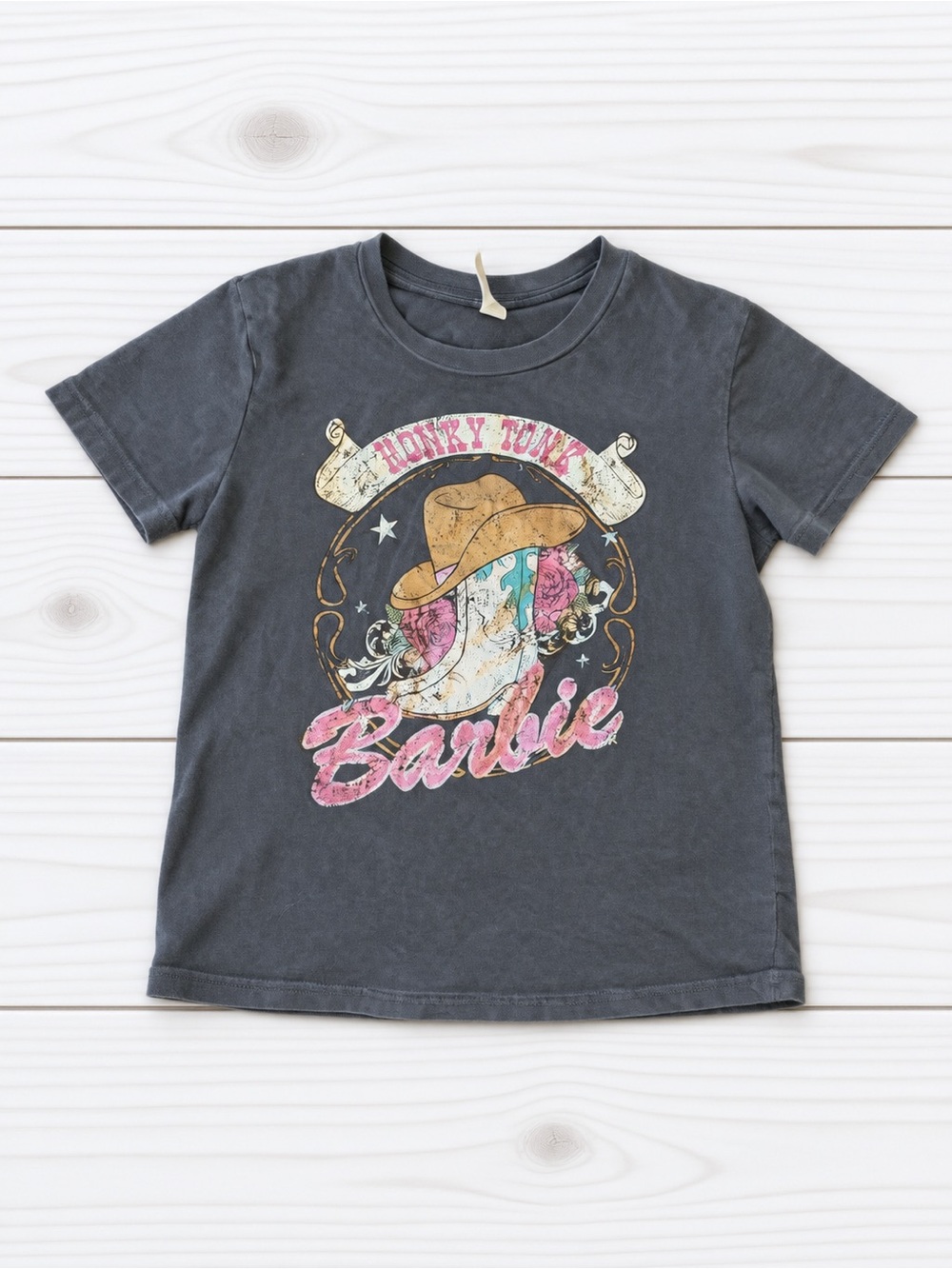 Bella Canvas Charcoal Barbie Honky Tonk Graphic Tee with Pink & Tan Accents
